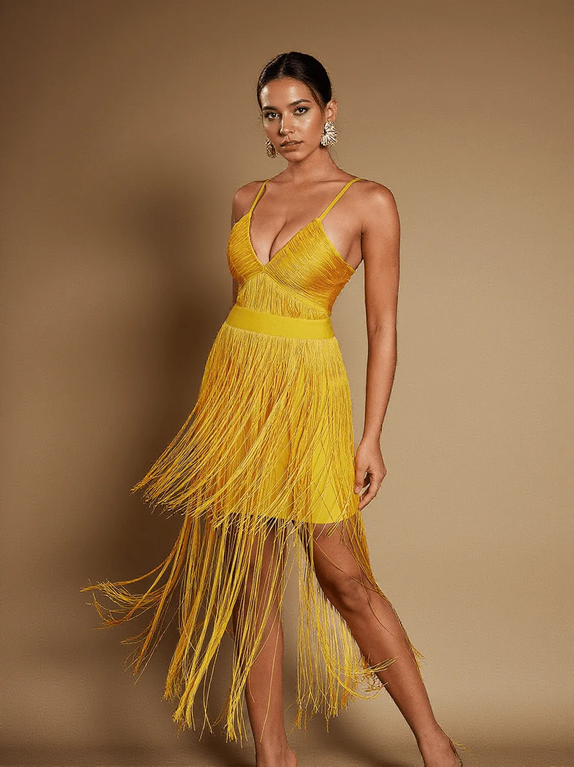 Oakleigh Spaghetti Fringe Bandage Midi Dress