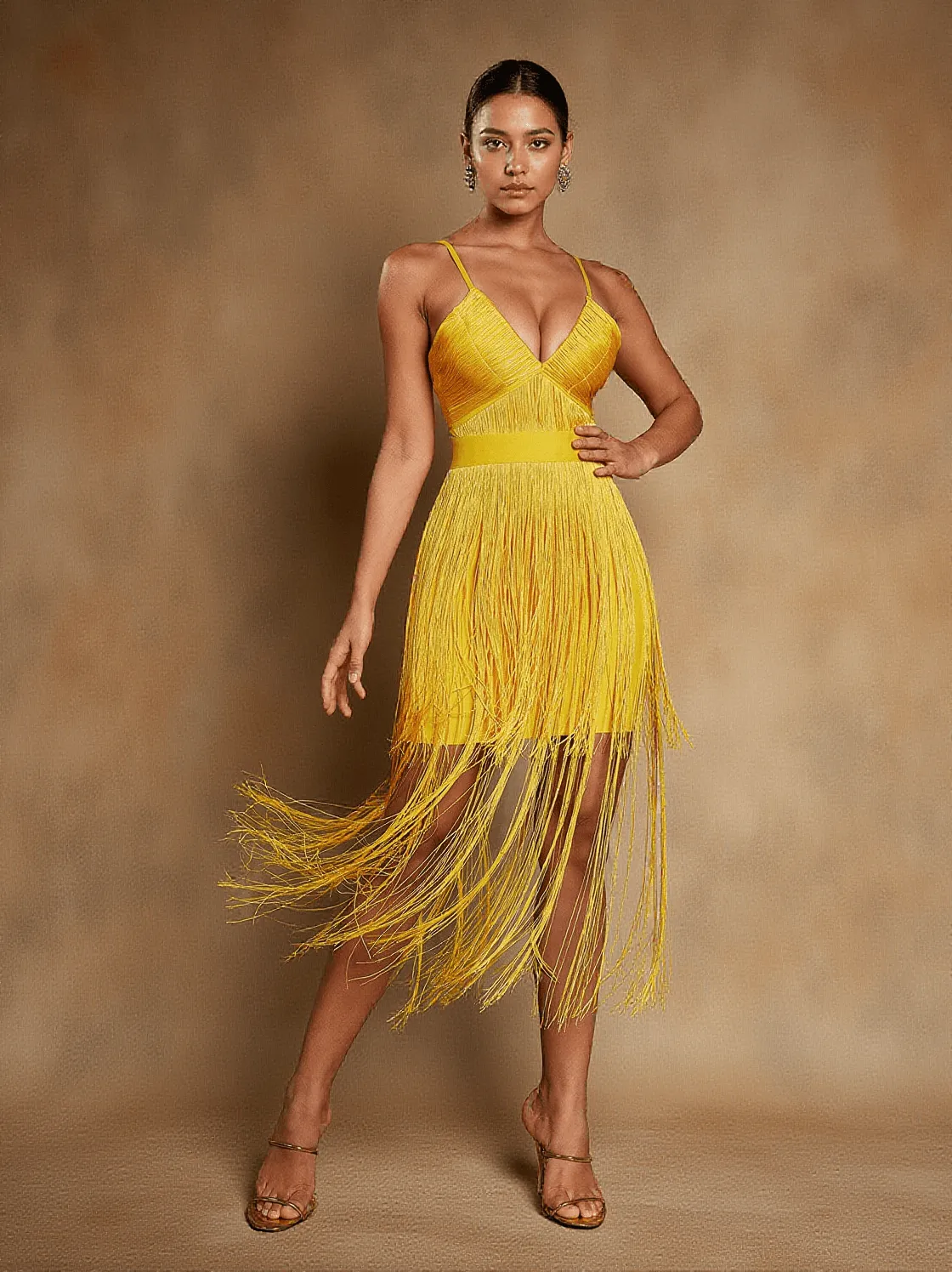 Oakleigh Spaghetti Fringe Bandage Midi Dress