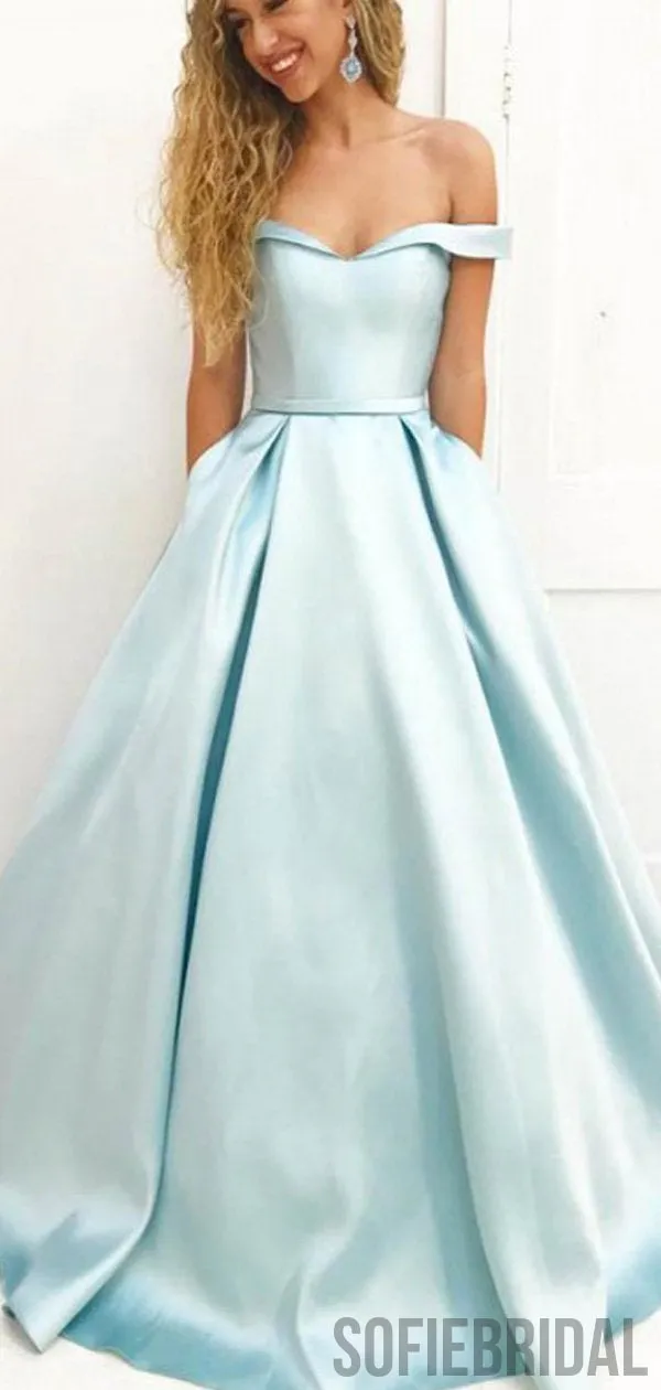 Off Shoulder Long A-line Pale Blue Satin Prom Dresses, PD0935
