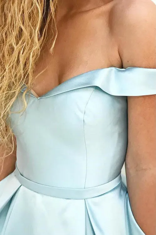 Off Shoulder Long A-line Pale Blue Satin Prom Dresses, PD0935