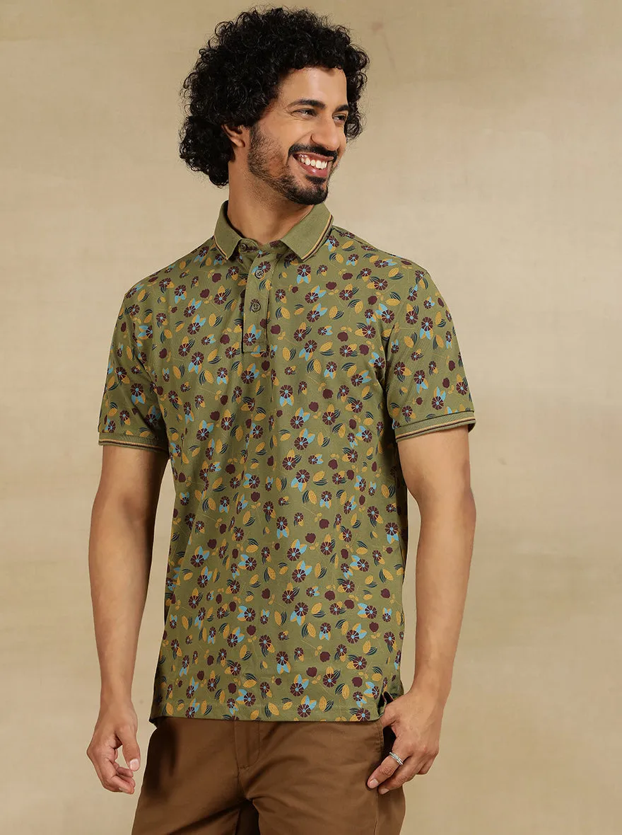 Olive Green Printed Slim Fit Polo T-Shirt | JadeBlue