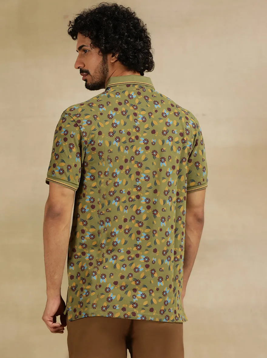 Olive Green Printed Slim Fit Polo T-Shirt | JadeBlue