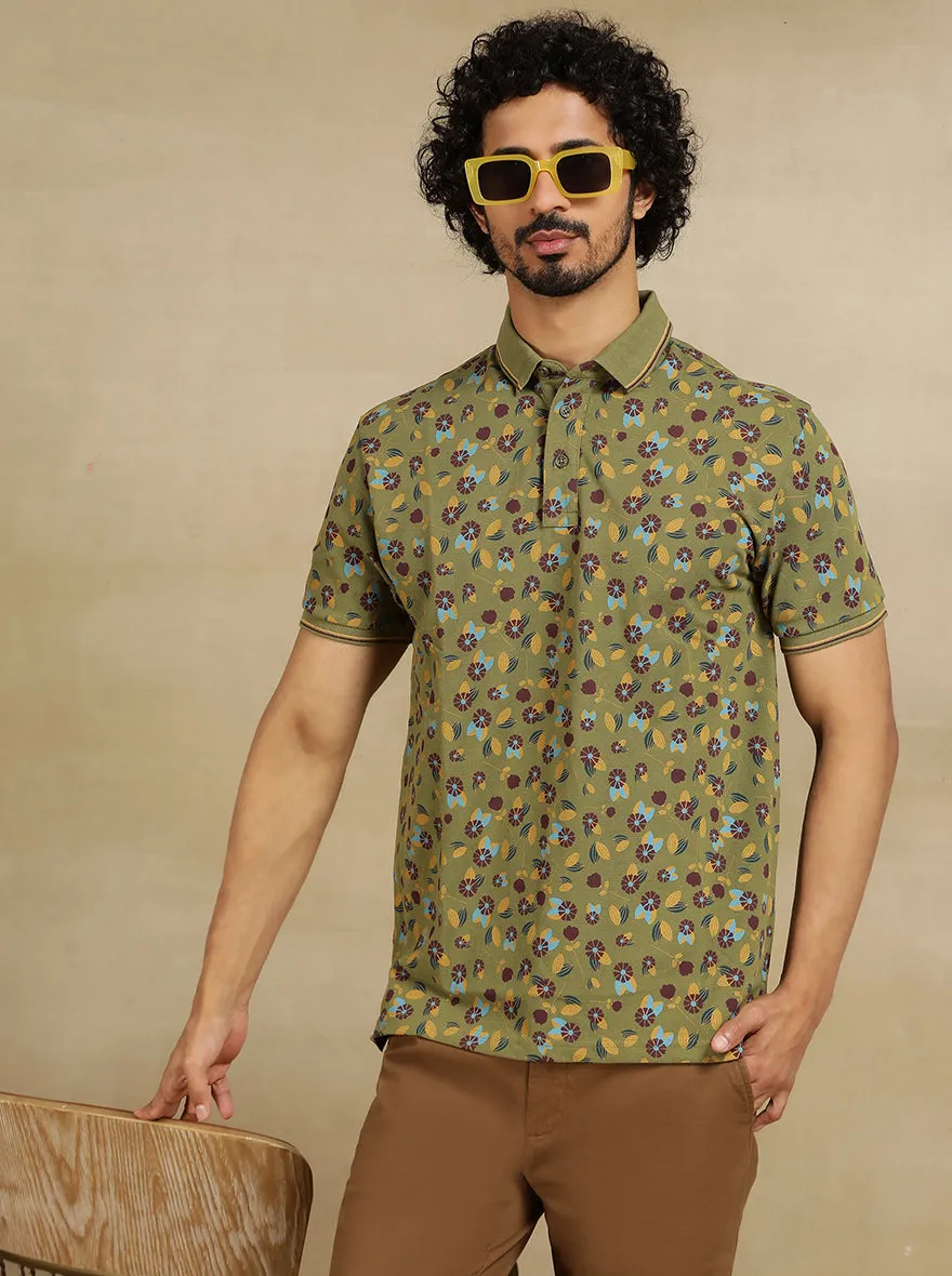 Olive Green Printed Slim Fit Polo T-Shirt | JadeBlue