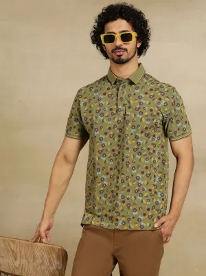 Olive Green Printed Slim Fit Polo T-Shirt | JadeBlue