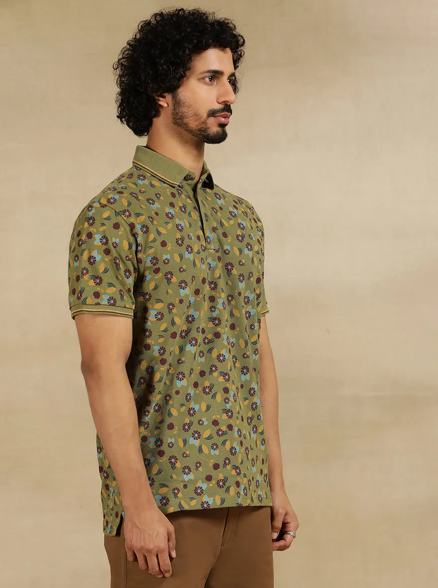 Olive Green Printed Slim Fit Polo T-Shirt | JadeBlue