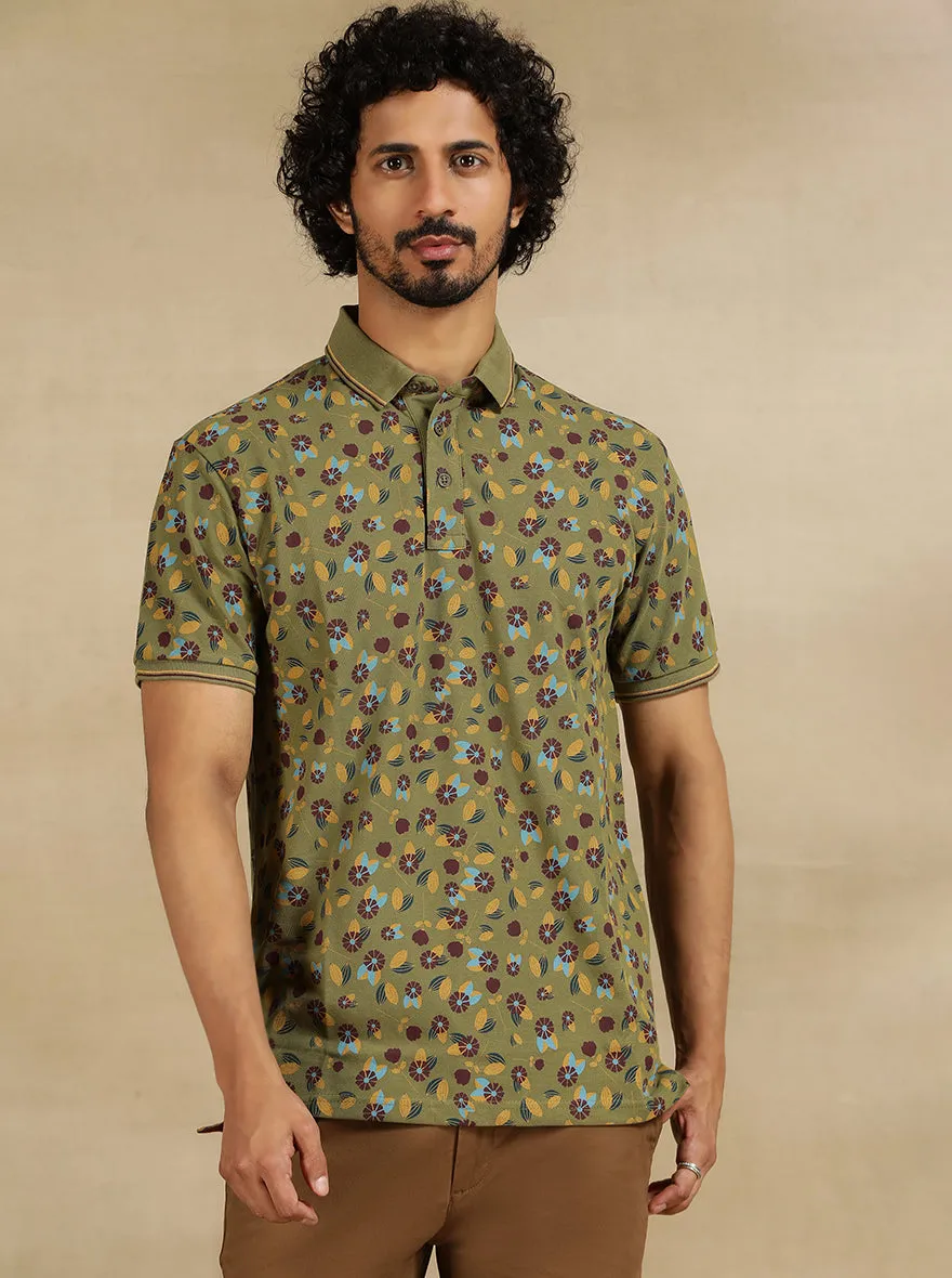 Olive Green Printed Slim Fit Polo T-Shirt | JadeBlue