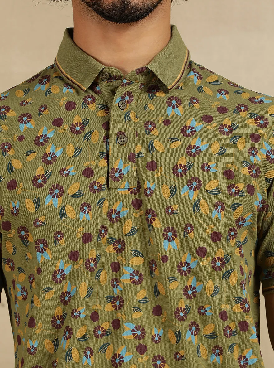 Olive Green Printed Slim Fit Polo T-Shirt | JadeBlue