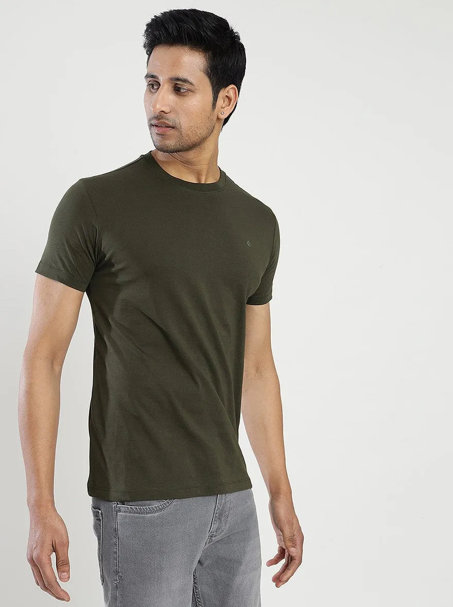 Olive Green Solid Slim Fit T-Shirt | Greenfibre