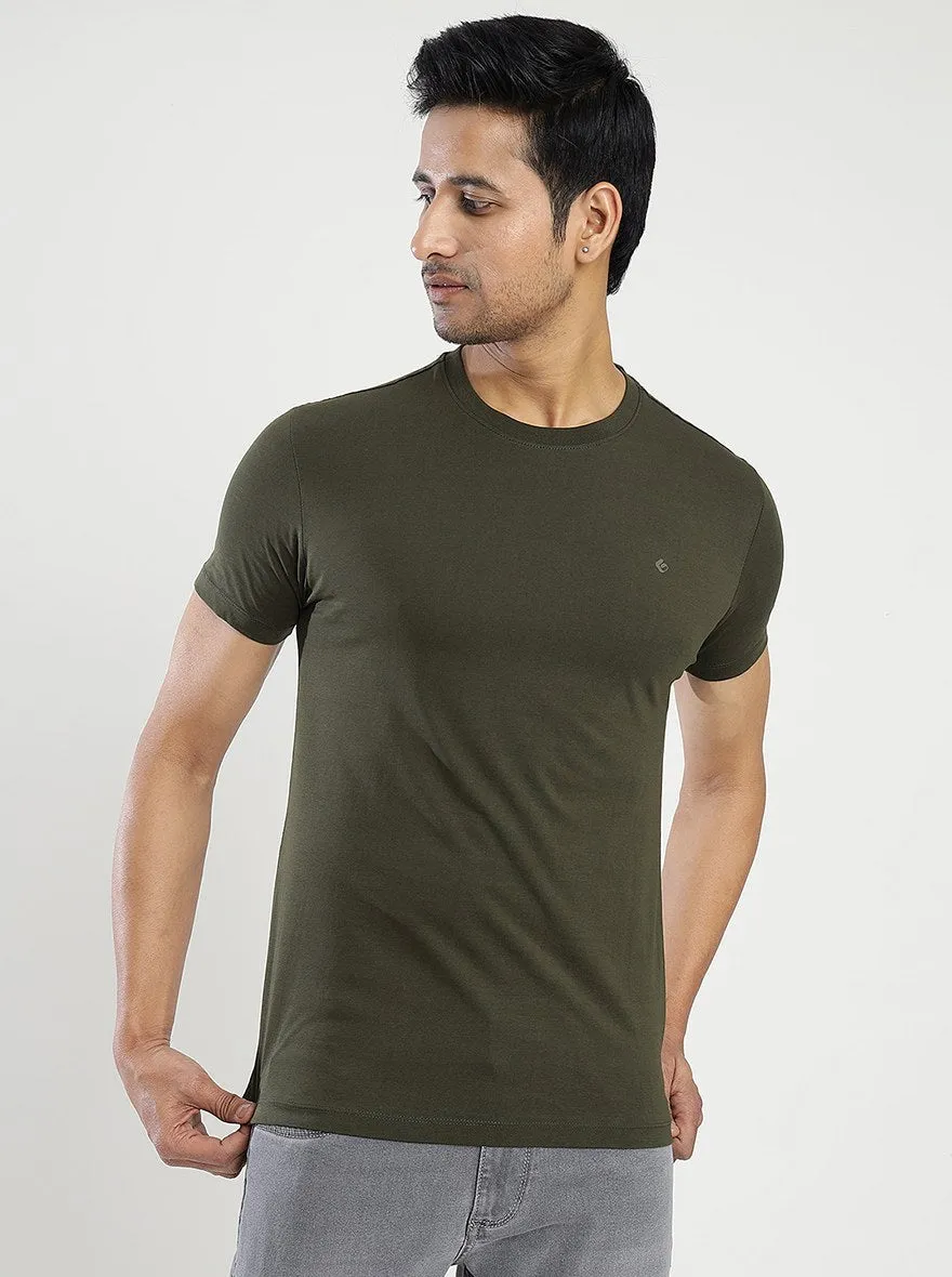 Olive Green Solid Slim Fit T-Shirt | Greenfibre