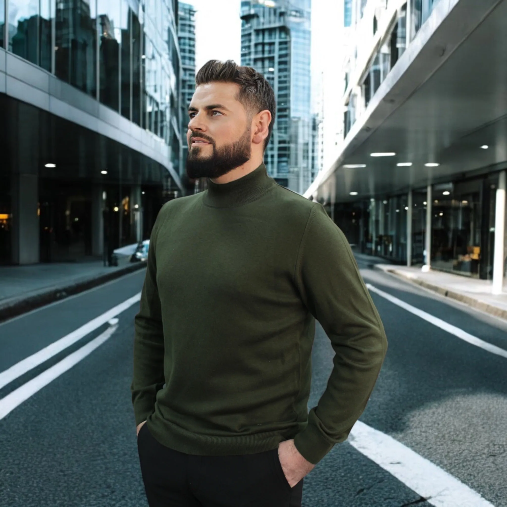 Olive Green Wool Mock Neck,  Essential  Sweater