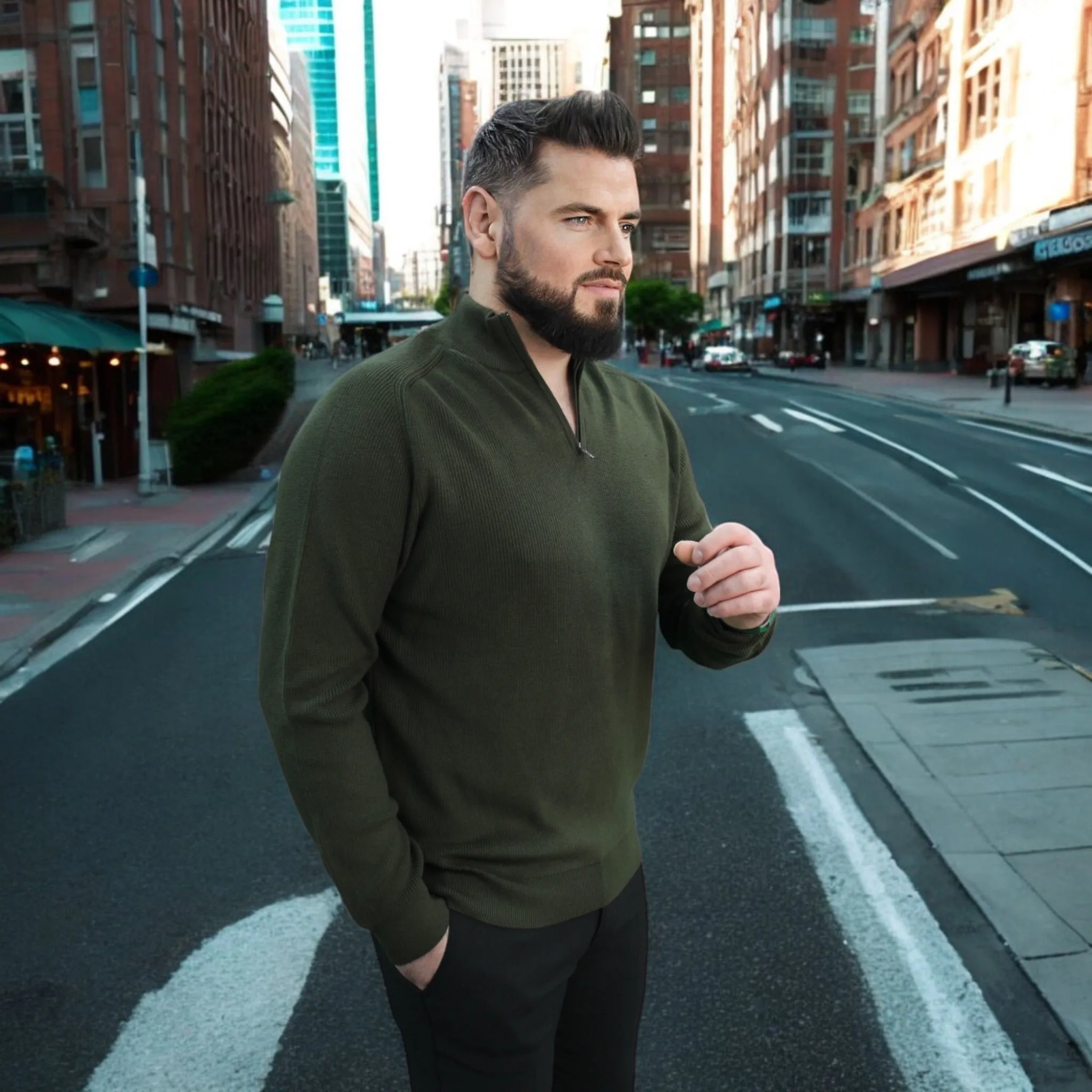 Olive Green - Wool- Quarter Zipper,  Essential  Sweater