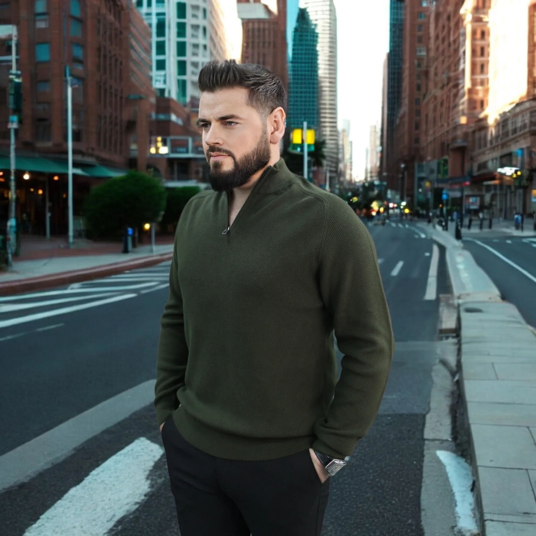 Olive Green - Wool- Quarter Zipper,  Essential  Sweater