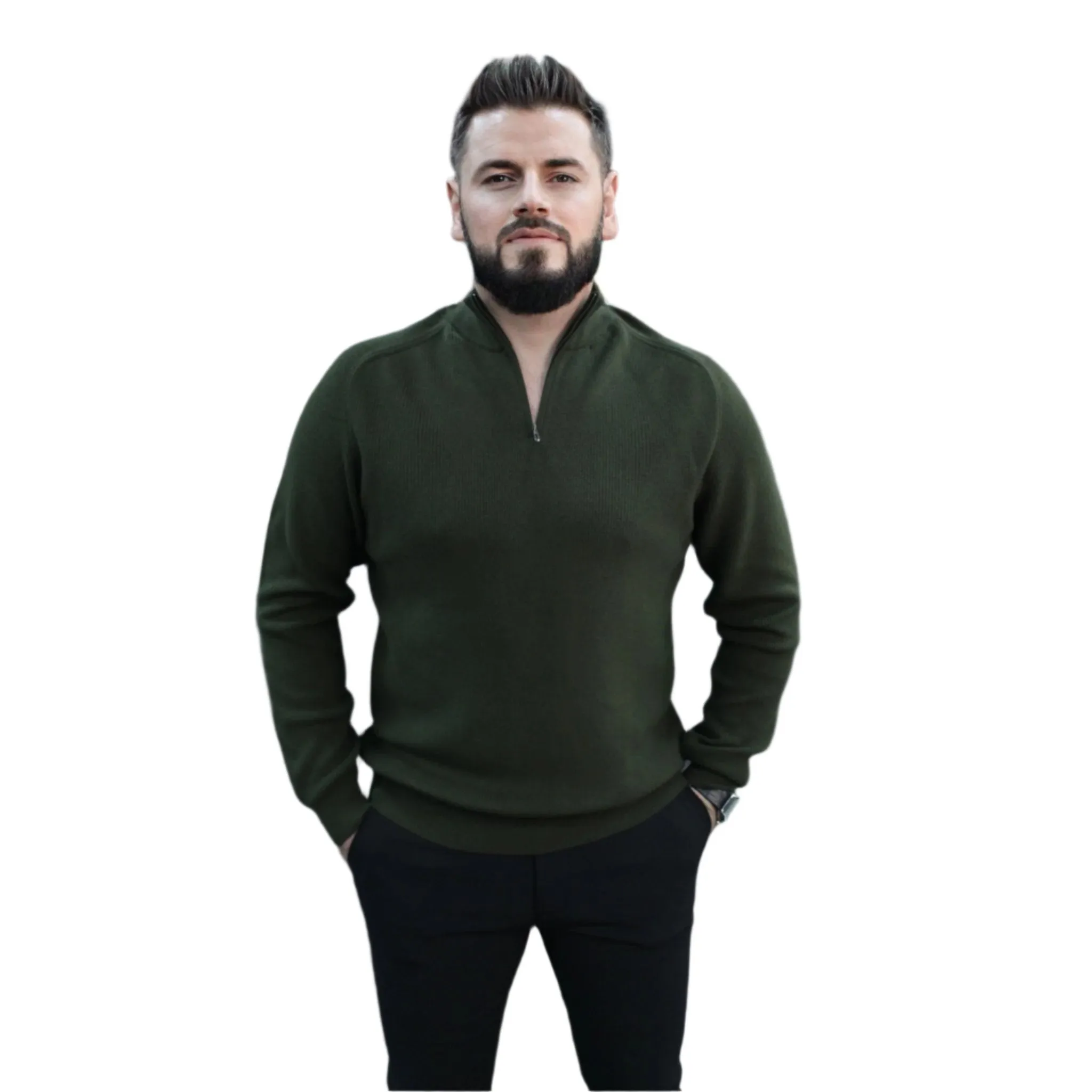 Olive Green - Wool- Quarter Zipper,  Essential  Sweater