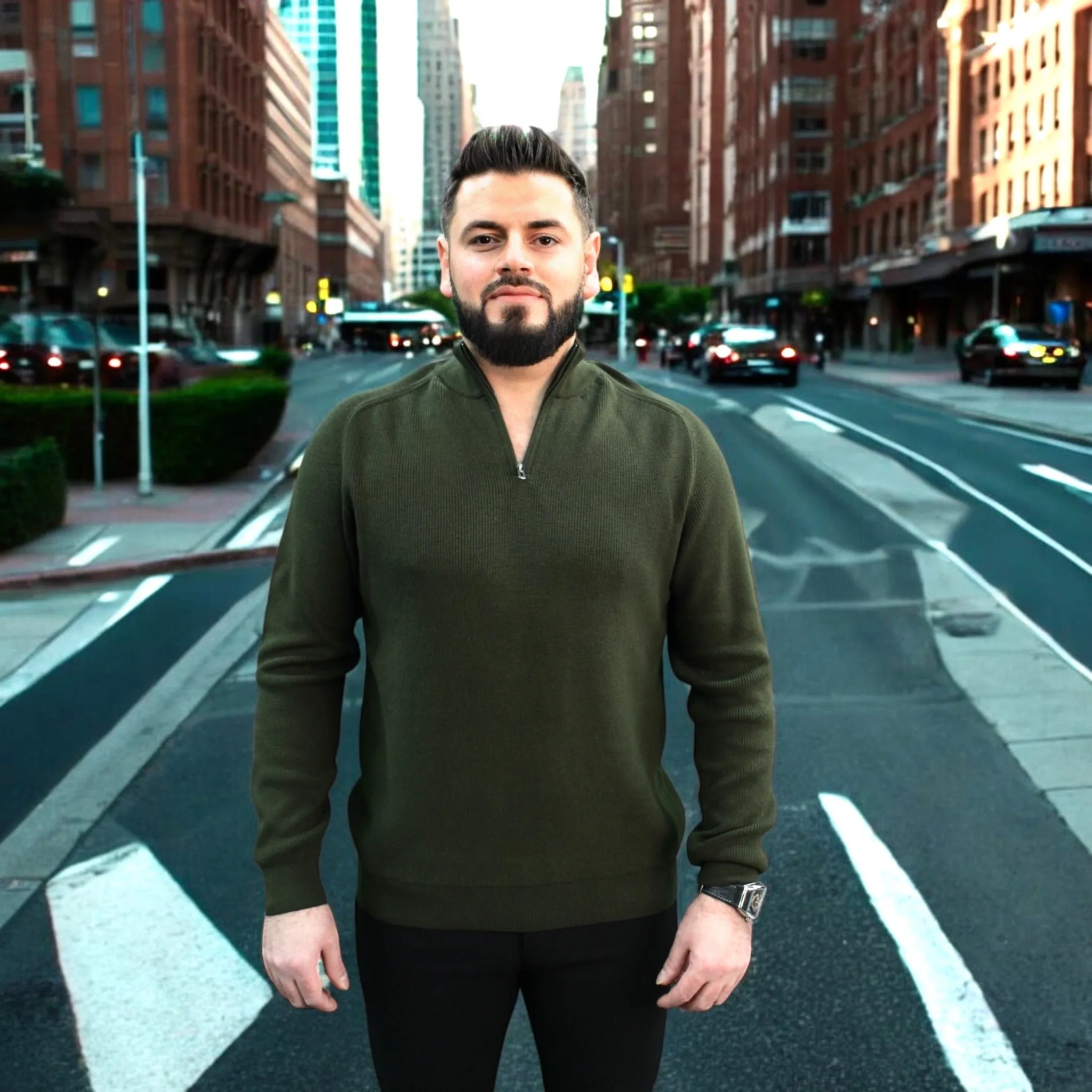Olive Green - Wool- Quarter Zipper,  Essential  Sweater
