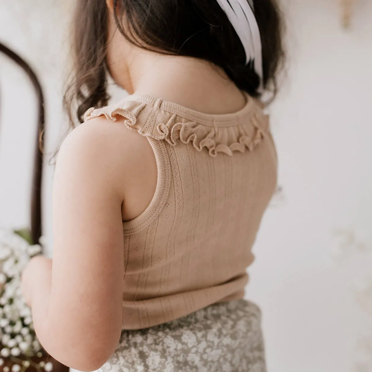 Organic Cotton Pointelle Frill Singlet - In the Meadow