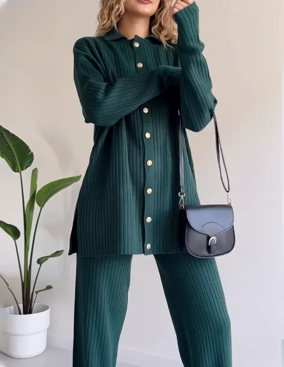 Owronline - Striped Jacquard Button-Knit Two-Piece Set