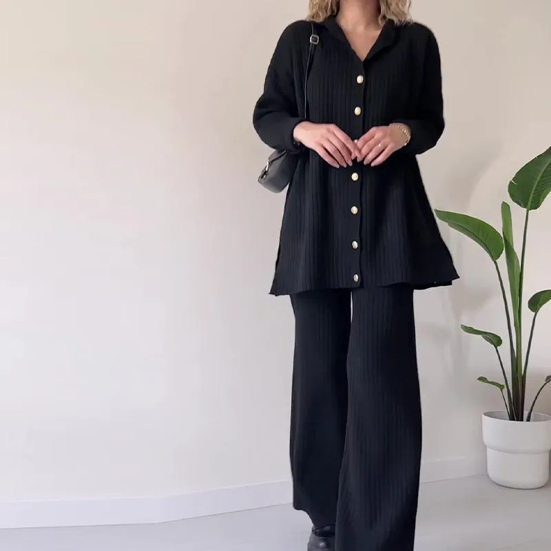 Owronline - Striped Jacquard Button-Knit Two-Piece Set