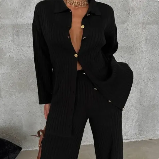 Owronline - Striped Jacquard Button-Knit Two-Piece Set