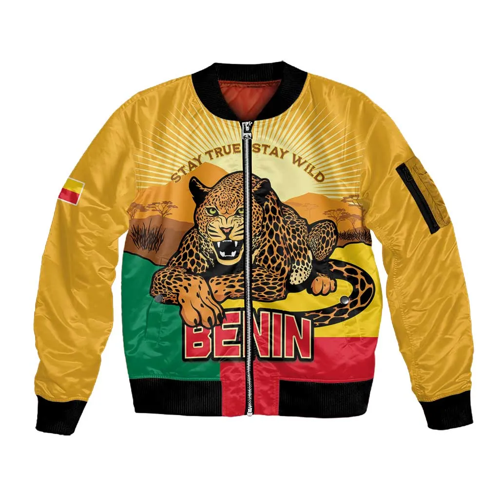 Personalised Afro Benin Leopard Sleeve Zip Bomber Jacket Stay True - Stay Wild LT15