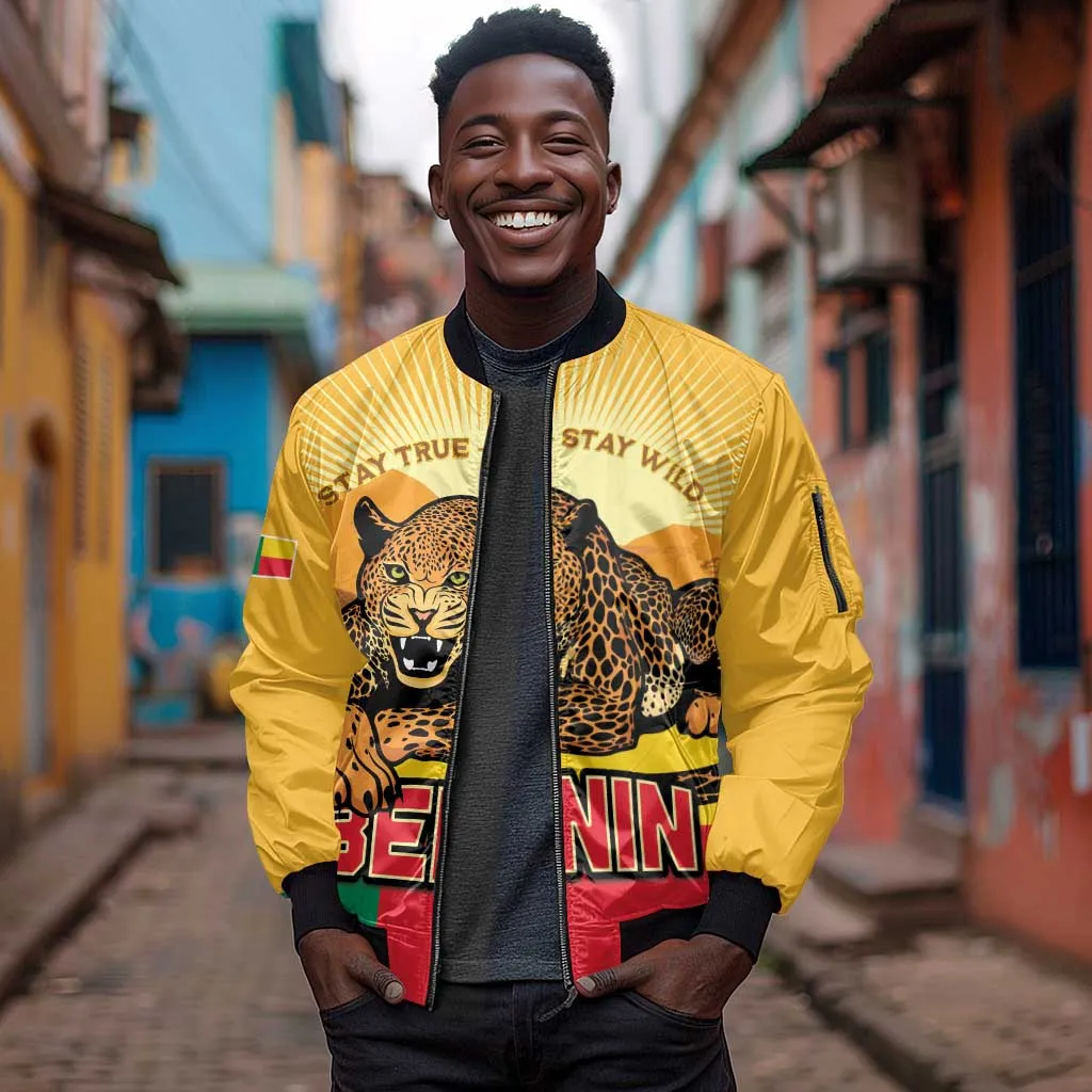Personalised Afro Benin Leopard Sleeve Zip Bomber Jacket Stay True - Stay Wild LT15