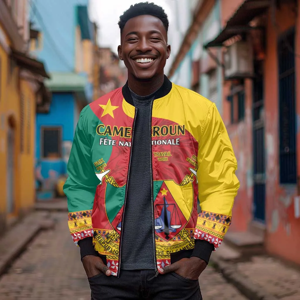 Personalised Cameroon National Day Bomber Jacket Cameroun Coat Of Arms With Atoghu Pattern LT14