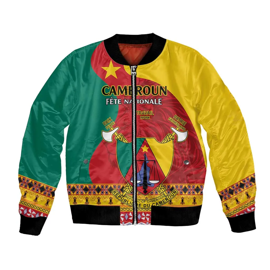 Personalised Cameroon National Day Bomber Jacket Cameroun Coat Of Arms With Atoghu Pattern LT14