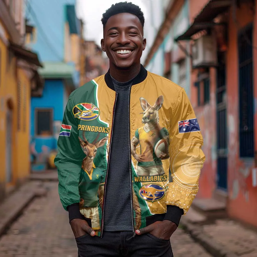 Personalised South Africa And Australia Rugby Bomber Jacket 2024 Springboks Wallabies Mascots Together LT14