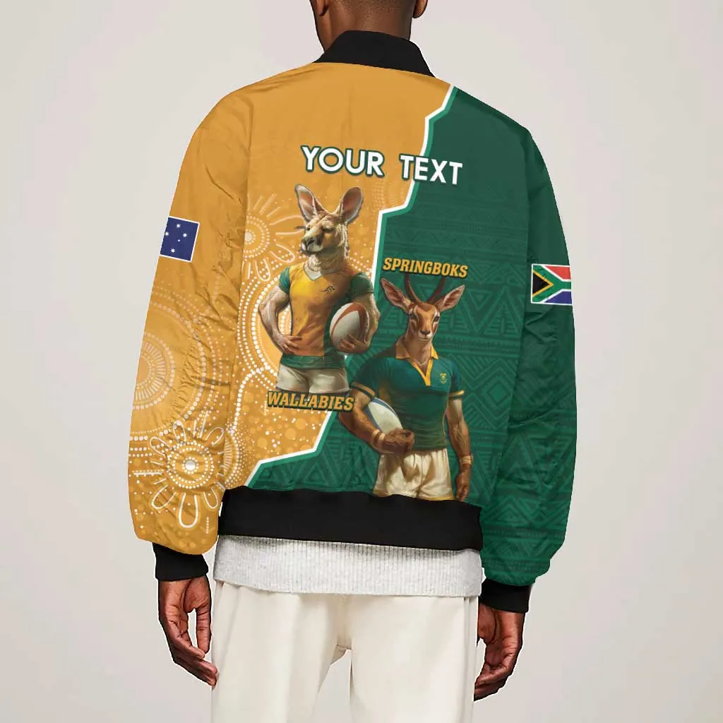 Personalised South Africa And Australia Rugby Bomber Jacket 2024 Springboks Wallabies Mascots Together LT14