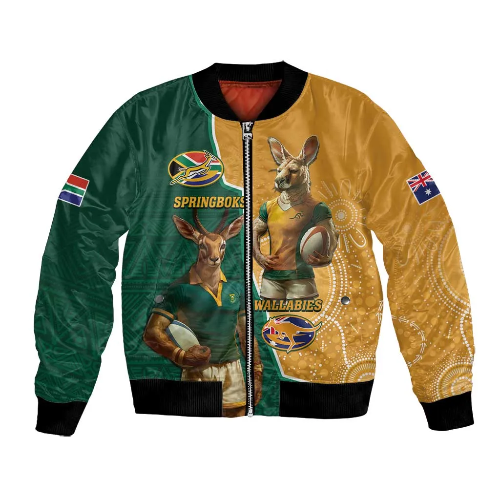 Personalised South Africa And Australia Rugby Bomber Jacket 2024 Springboks Wallabies Mascots Together LT14