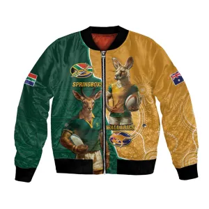Personalised South Africa And Australia Rugby Bomber Jacket 2024 Springboks Wallabies Mascots Together LT14
