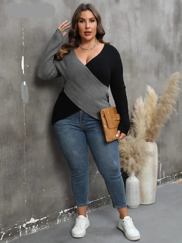 Plus Size Colour Blocking Deep V-Neck Sexy Sweater