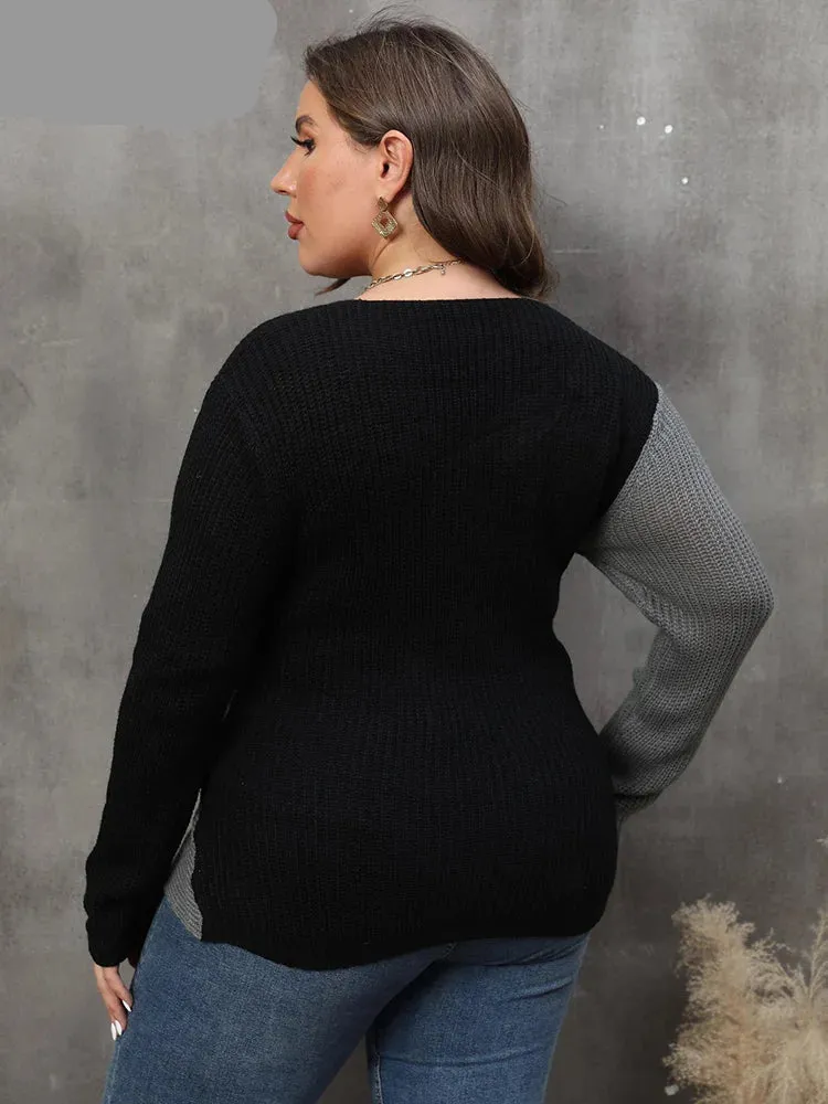 Plus Size Colour Blocking Deep V-Neck Sexy Sweater