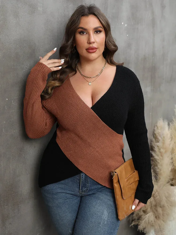 Plus Size Colour Blocking Deep V-Neck Sexy Sweater