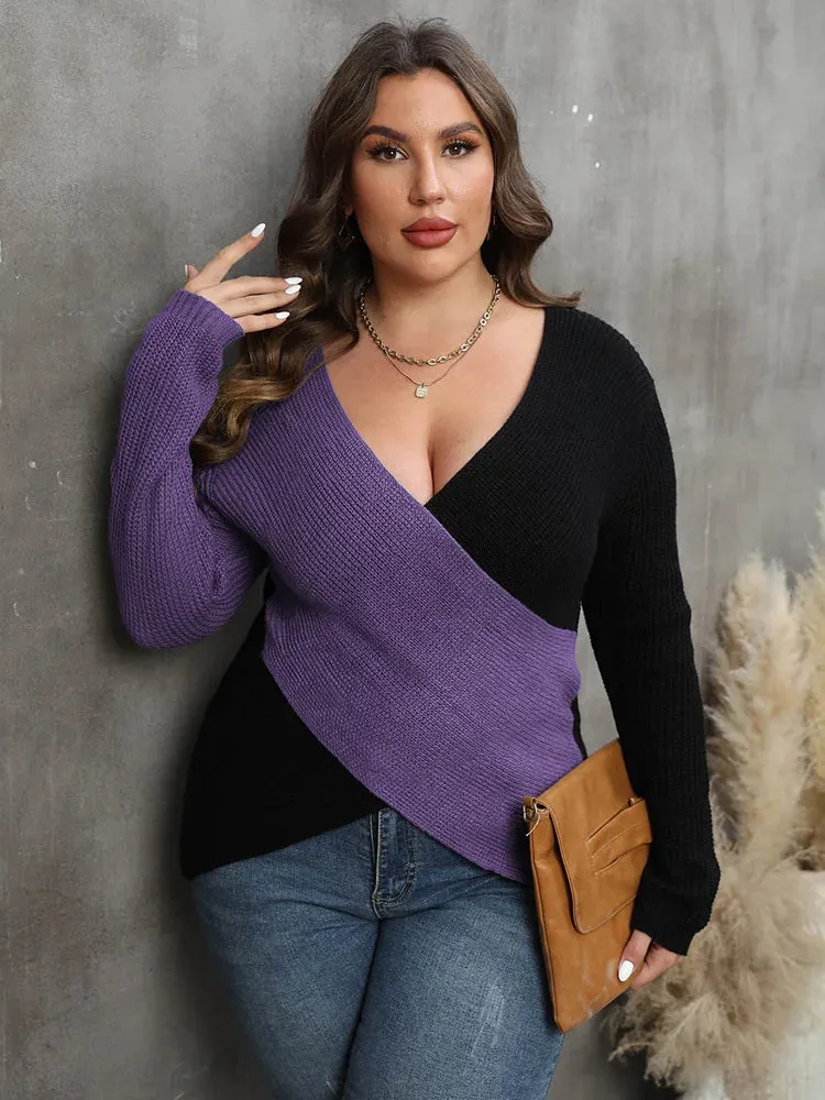 Plus Size Colour Blocking Deep V-Neck Sexy Sweater