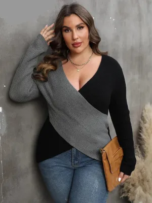 Plus Size Colour Blocking Deep V-Neck Sexy Sweater