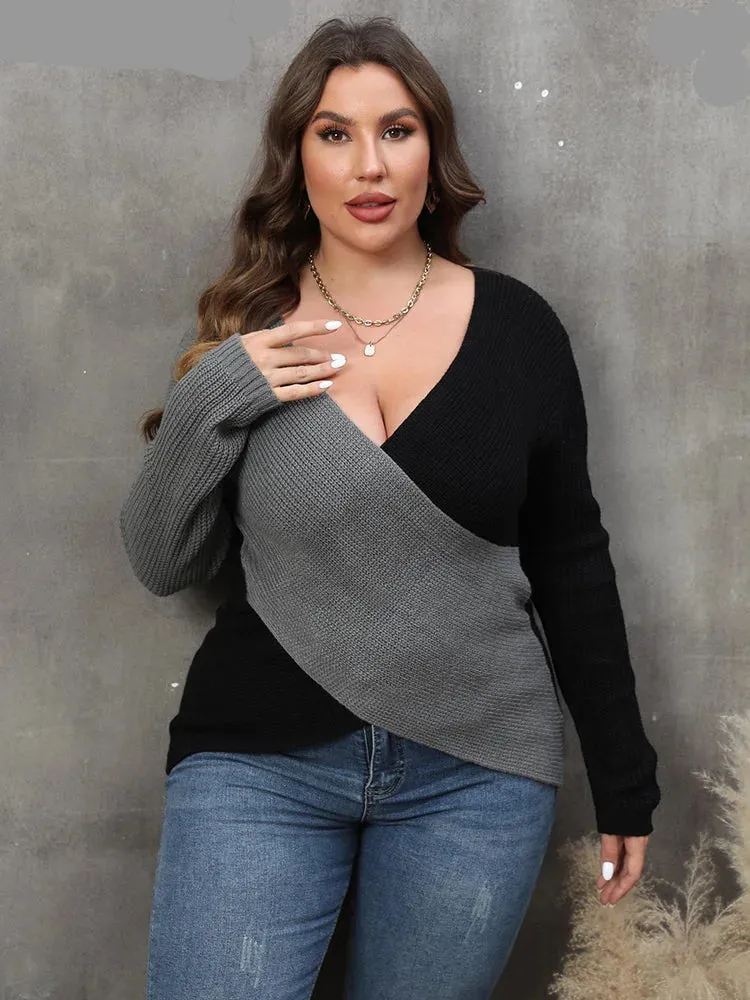 Plus Size Colour Blocking Deep V-Neck Sexy Sweater
