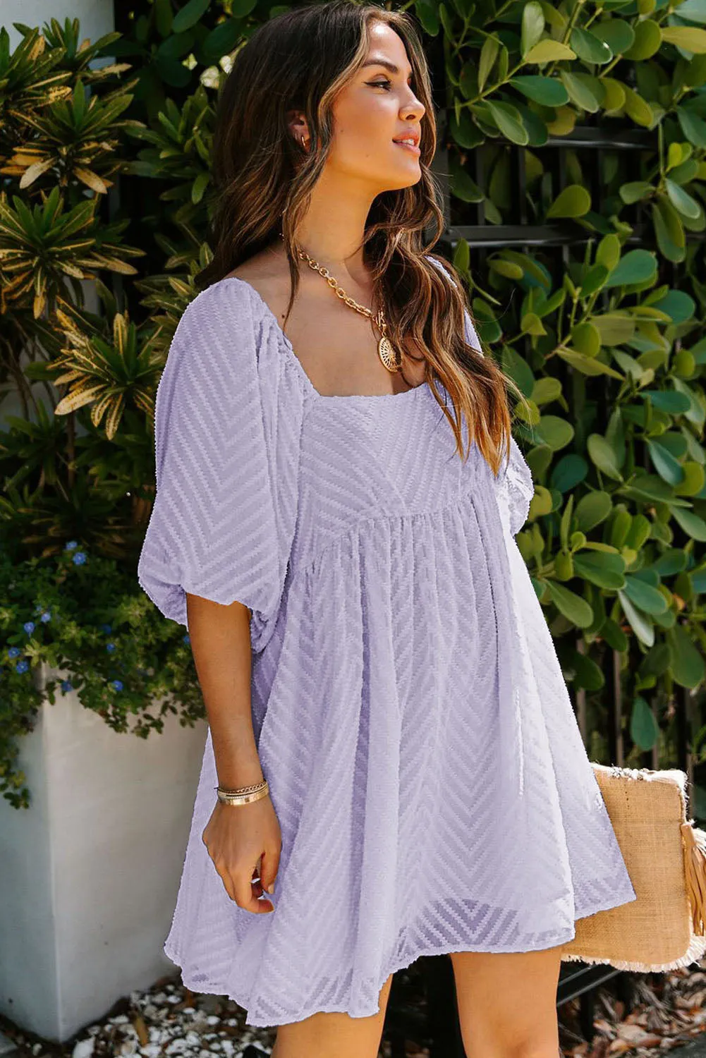 Purple Square Neck Puff Sleeve Babydoll Mini Dress