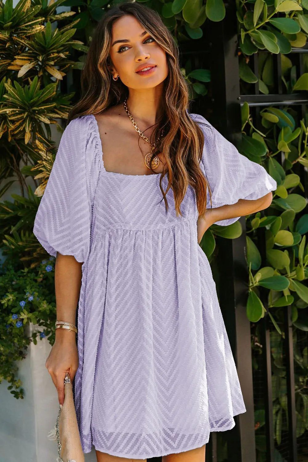 Purple Square Neck Puff Sleeve Babydoll Mini Dress