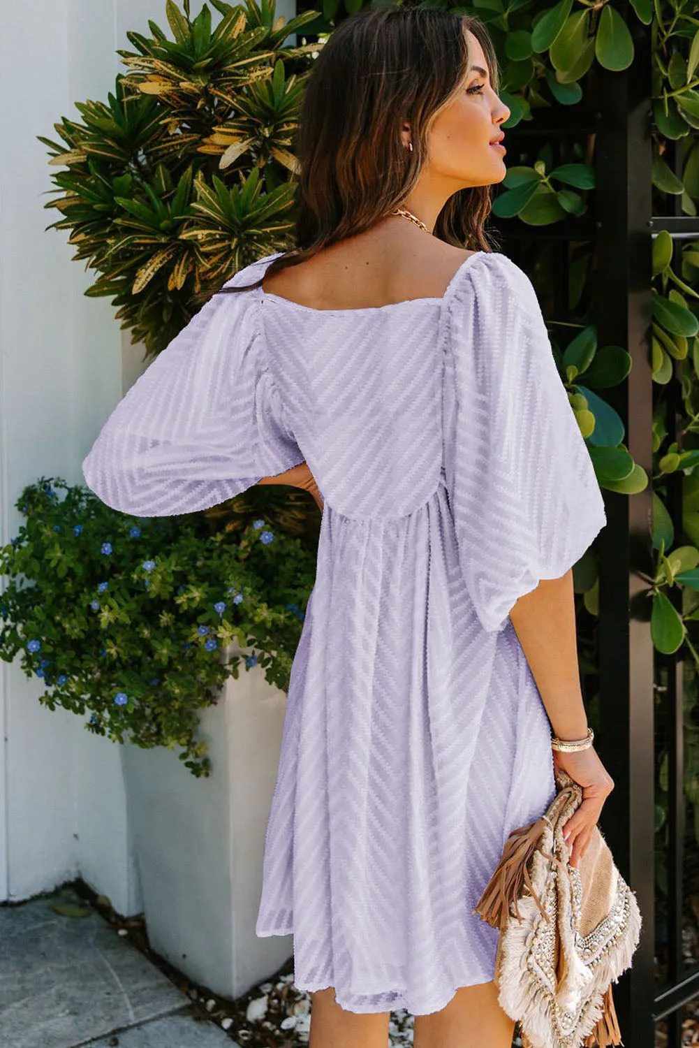 Purple Square Neck Puff Sleeve Babydoll Mini Dress