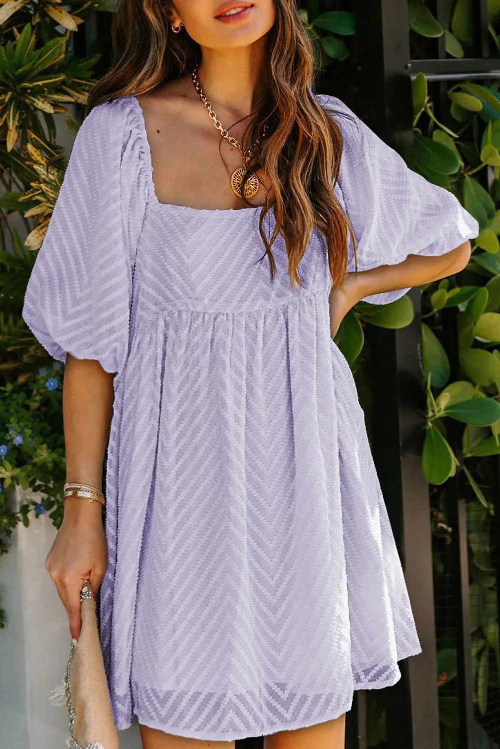 Purple Square Neck Puff Sleeve Babydoll Mini Dress