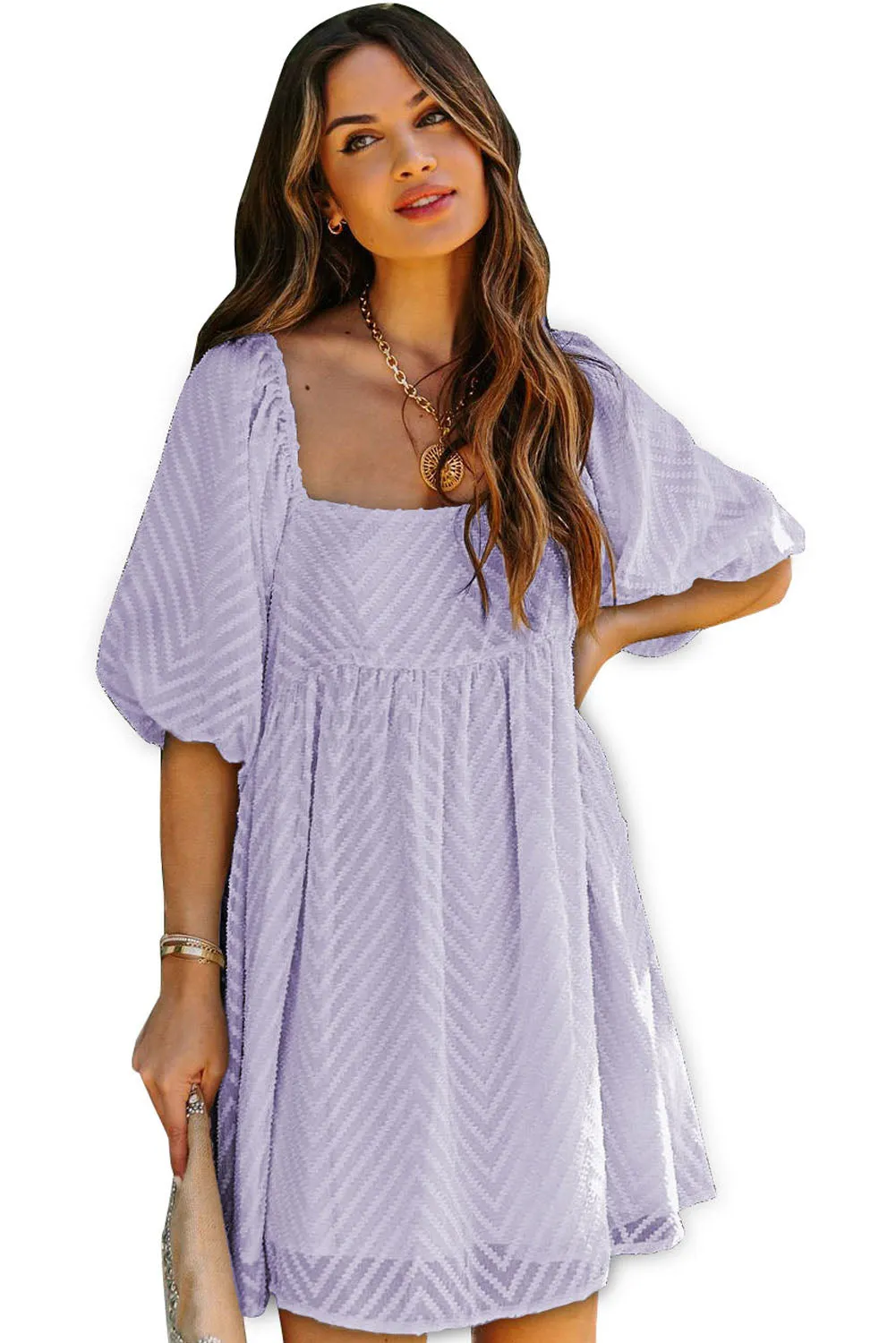 Purple Square Neck Puff Sleeve Babydoll Mini Dress