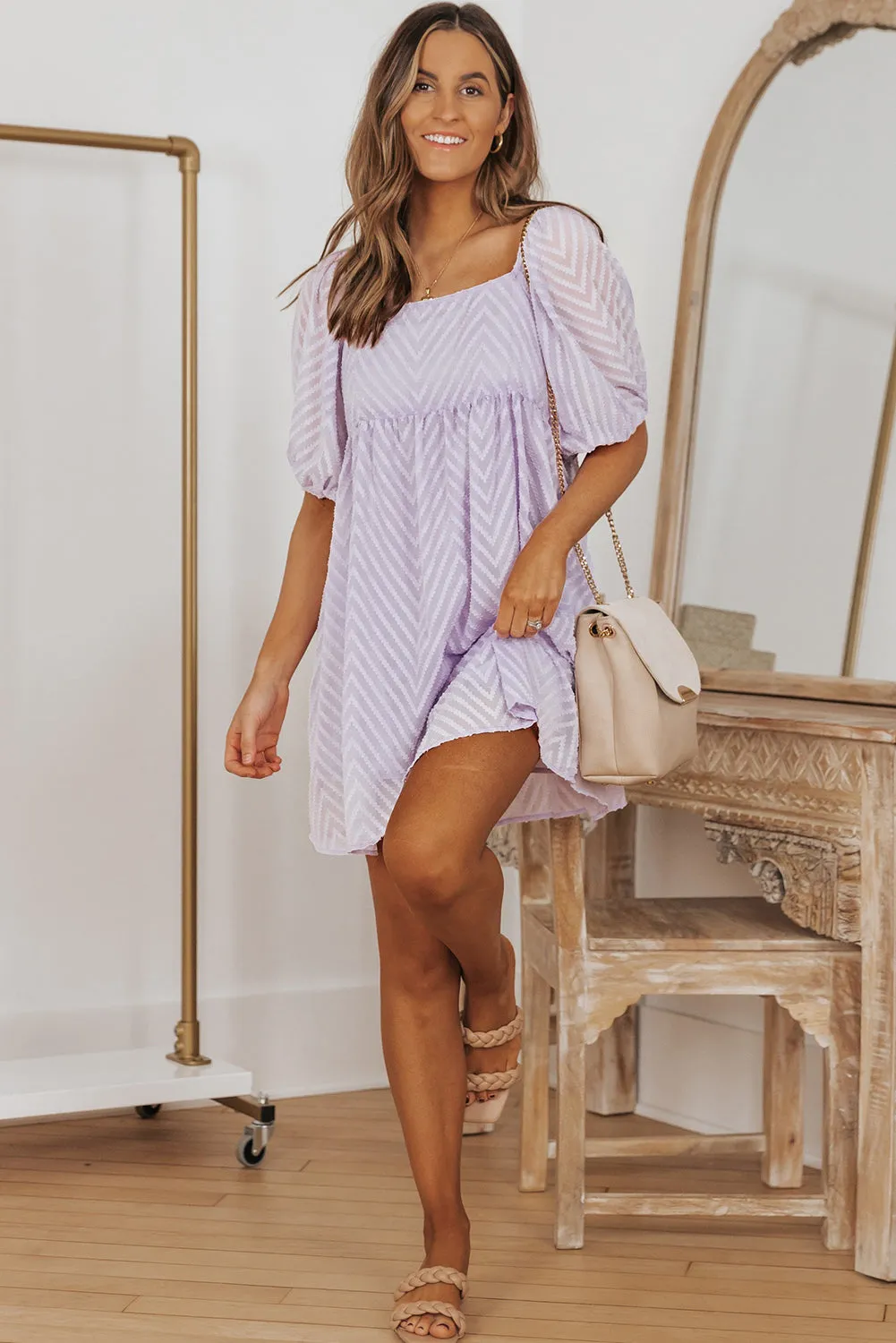 Purple Square Neck Puff Sleeve Babydoll Mini Dress