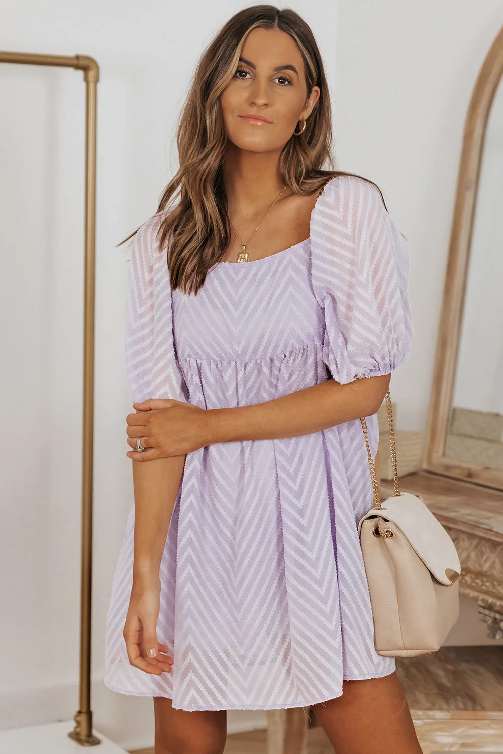 Purple Square Neck Puff Sleeve Babydoll Mini Dress