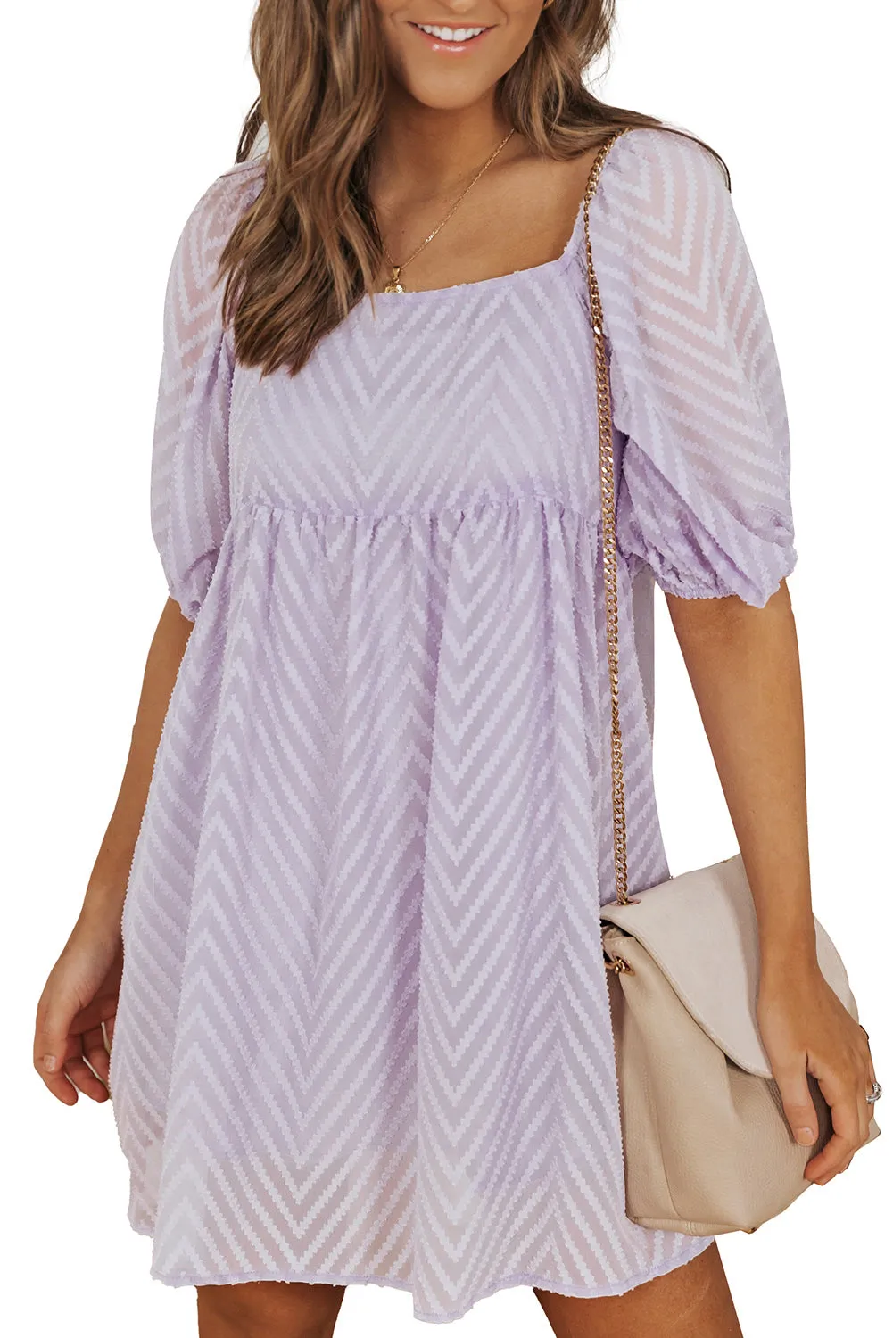 Purple Square Neck Puff Sleeve Babydoll Mini Dress