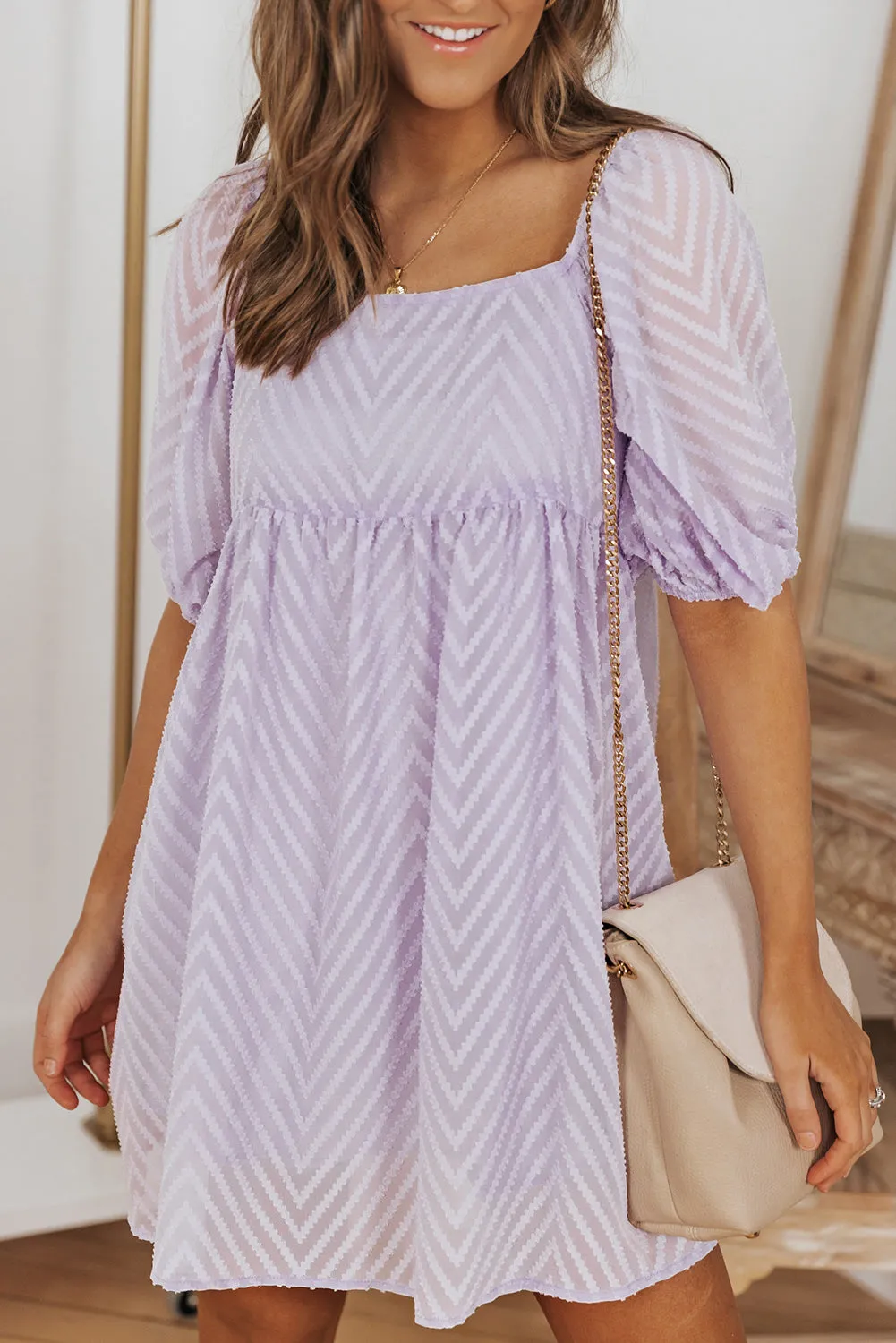Purple Square Neck Puff Sleeve Babydoll Mini Dress