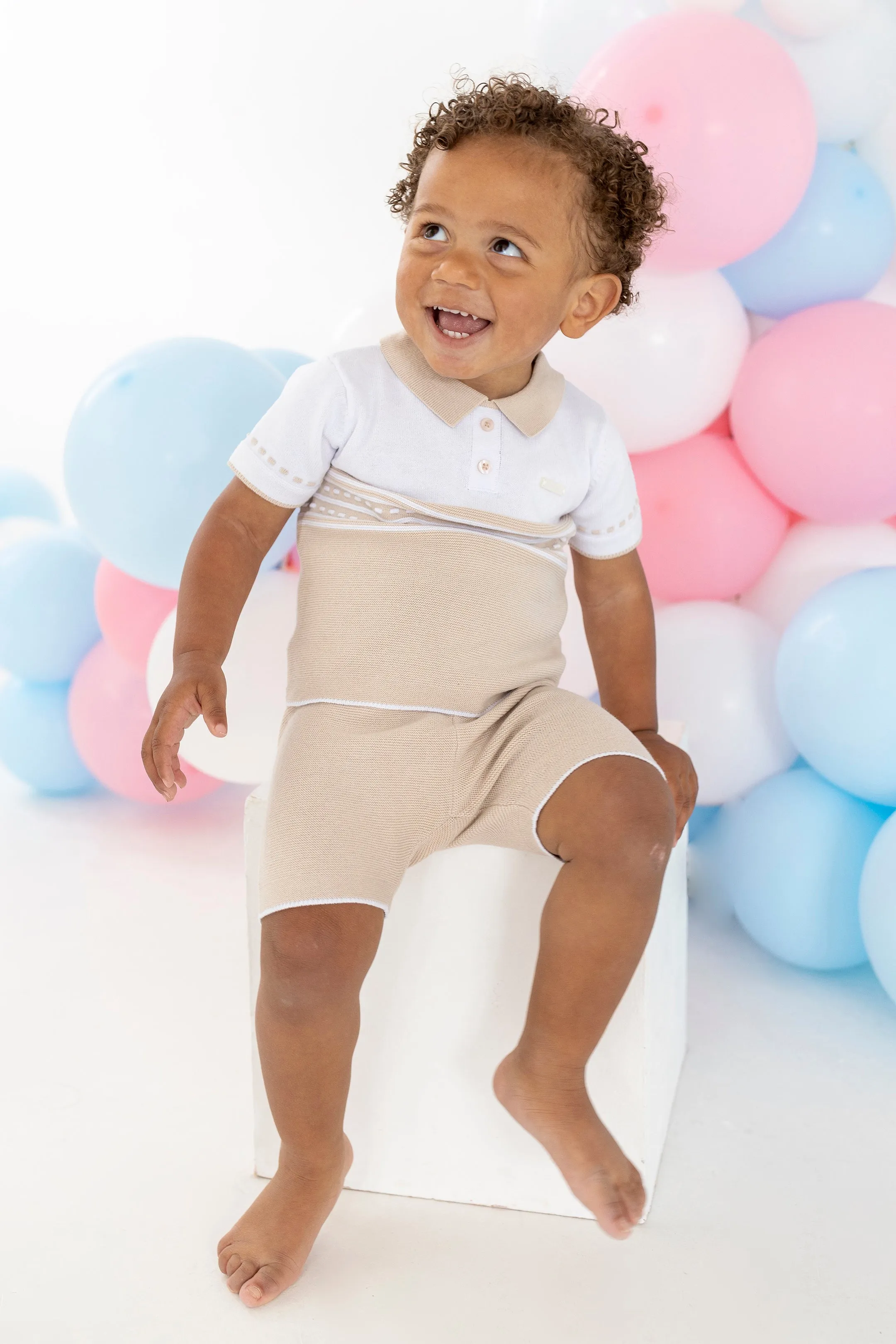 "Archie" Beige Knit Polo Shirt & Shorts