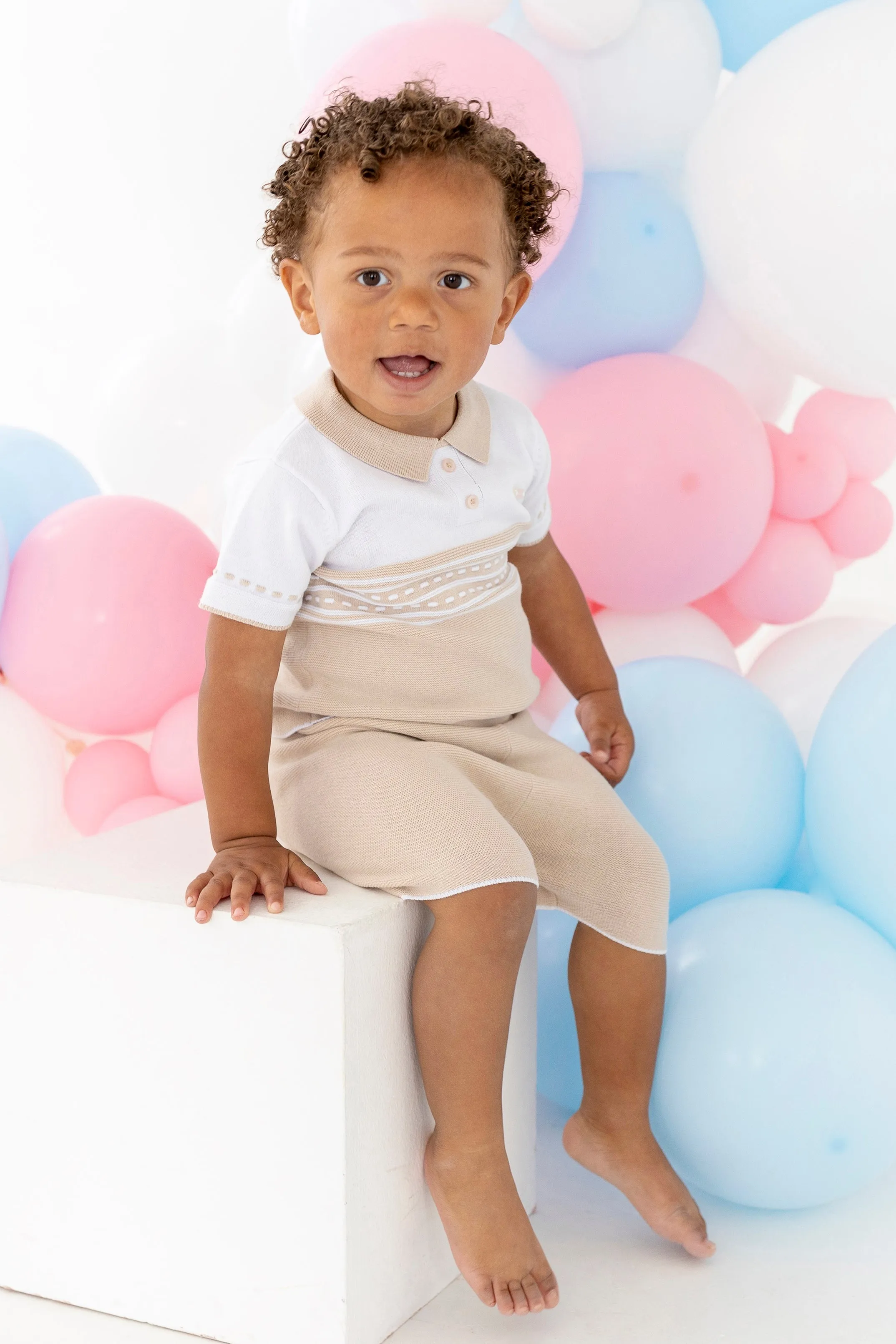 "Archie" Beige Knit Polo Shirt & Shorts