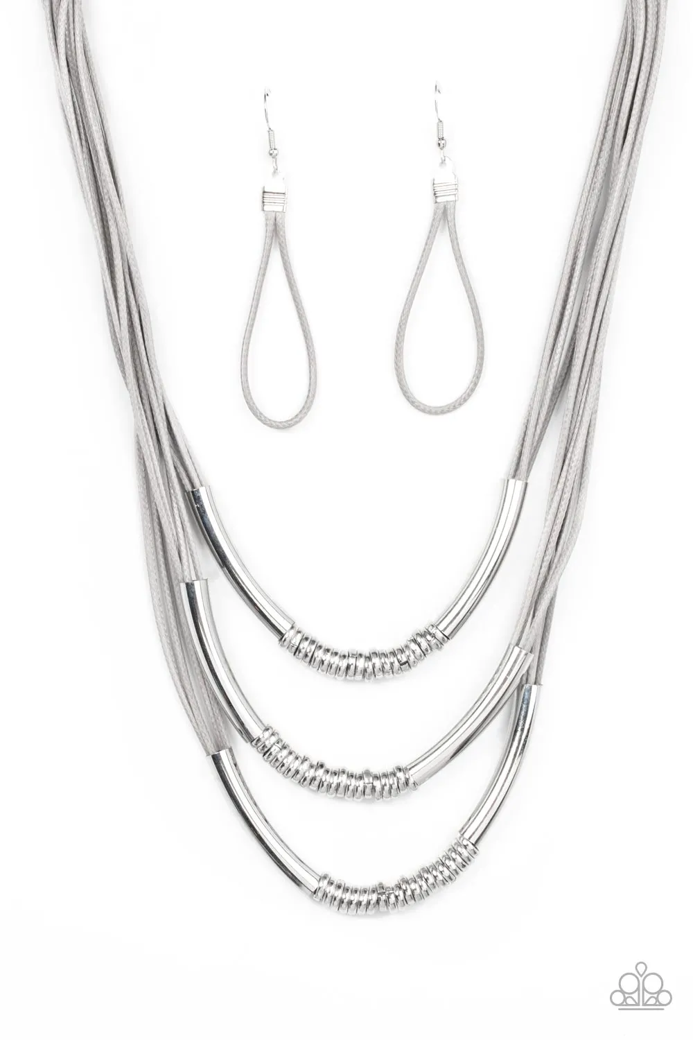 "Mechanical Mania" Multi Gray Cord & Silver Metal Bars Layered Necklace Set