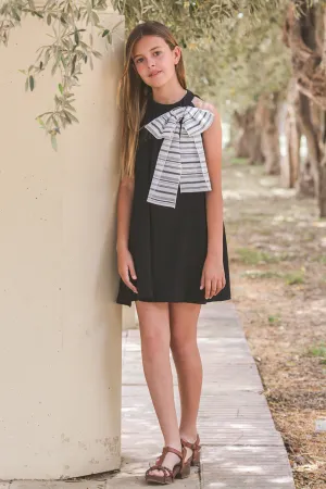 "Verity" Black Cheesecloth Stripe Bow Dress
