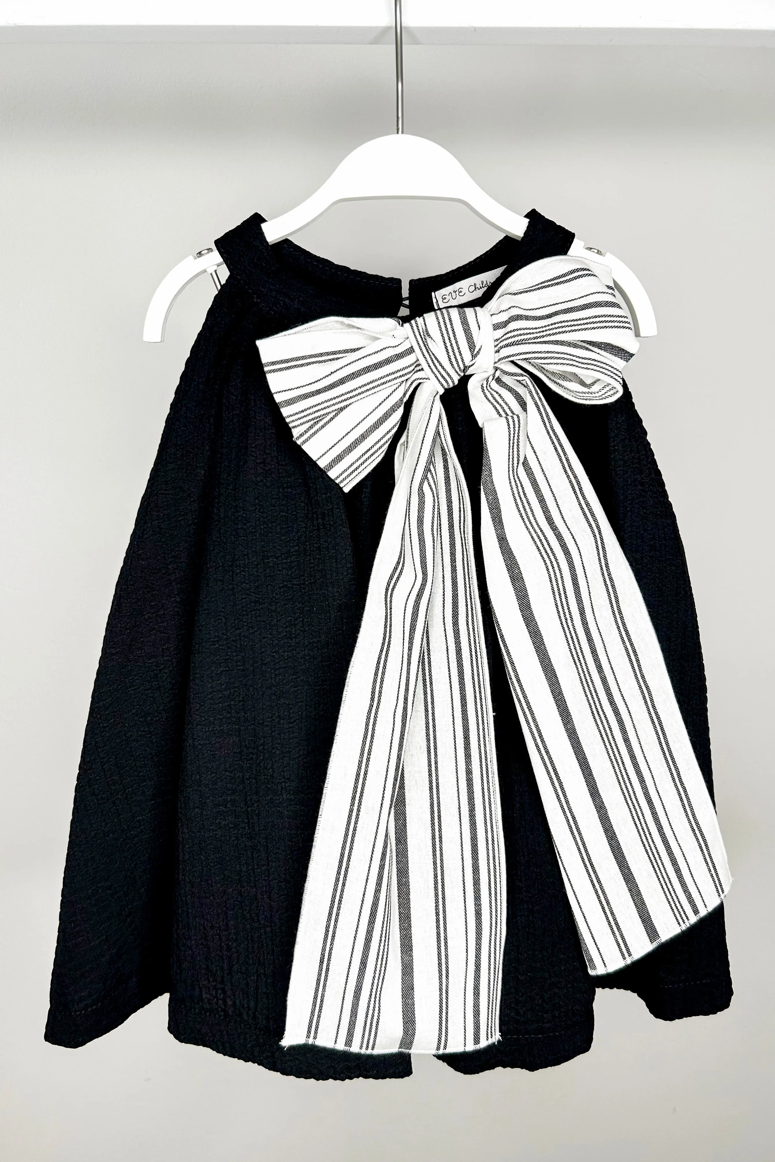 "Verity" Black Cheesecloth Stripe Bow Dress